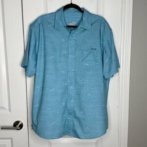 Huk Tide Point Short Sleeve Button Down Shirt  Size L Fish Print Blue